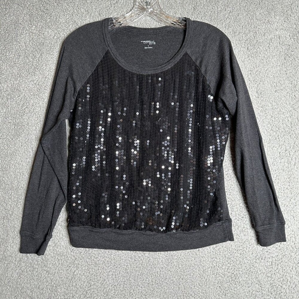 New York & Company Comfort Zone Top Women Small Gray Sequin Raglan Sleeve Casual